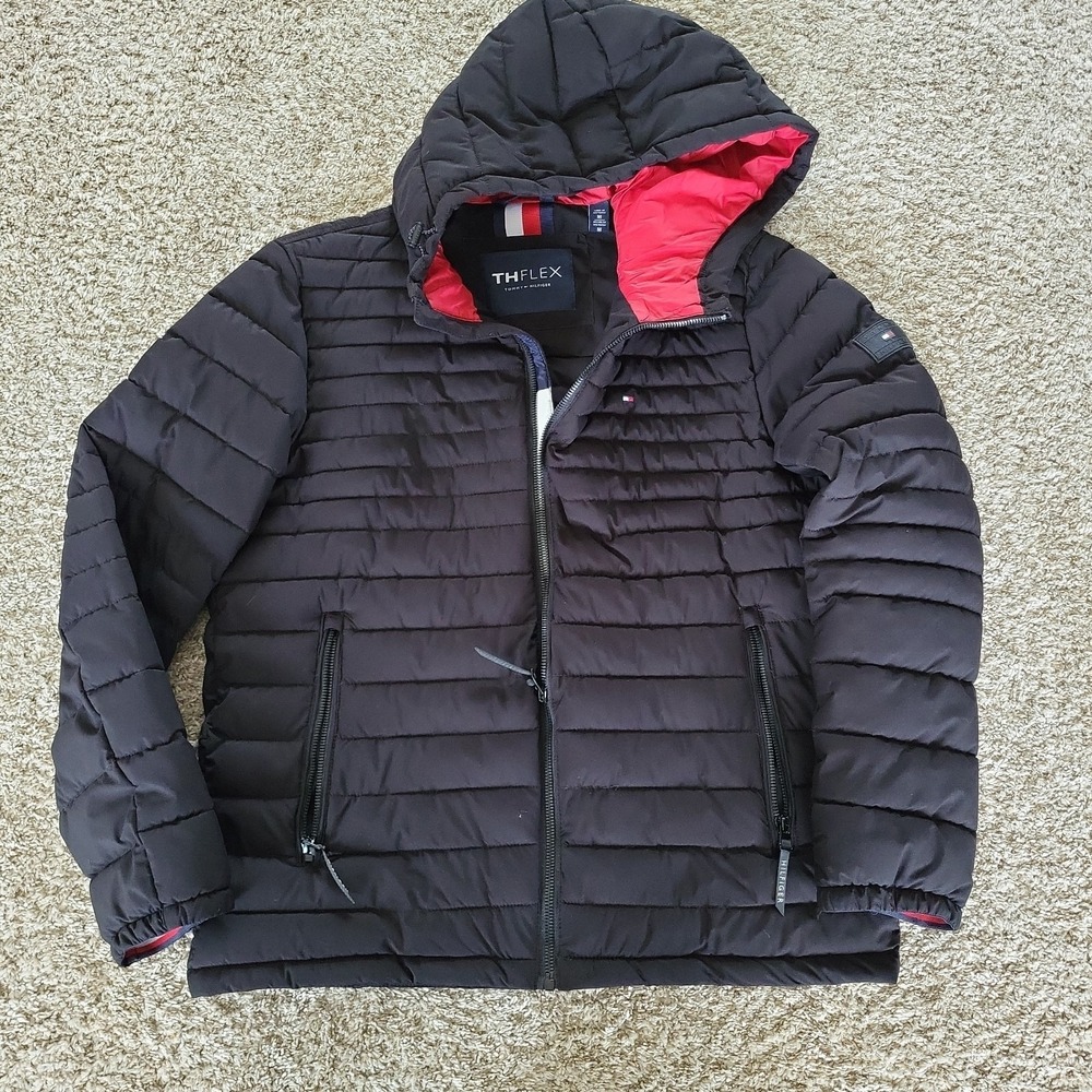 Tommy Hilfiger THFlex Men's Hooded Puffer Jacket‎ Black Red Full Zip Size M